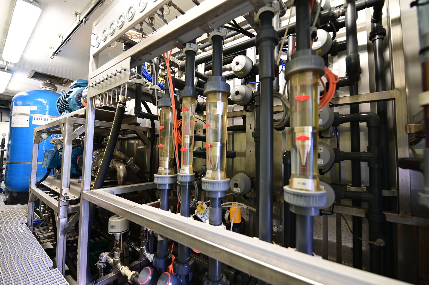 Piping, flow meters and process instrumentation inside a membrane treatment plant